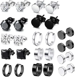 10-12 Pairs Earrings for Men Women, Stainless Steel Black Stud Earrings Set for Boys Girls Gift with Box