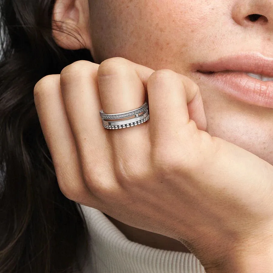 100% 925 Sterling Silver Rings For Women Original Logo, Pav é inset, beaded three in one ring Classic Engagement Wedding Jewelry
