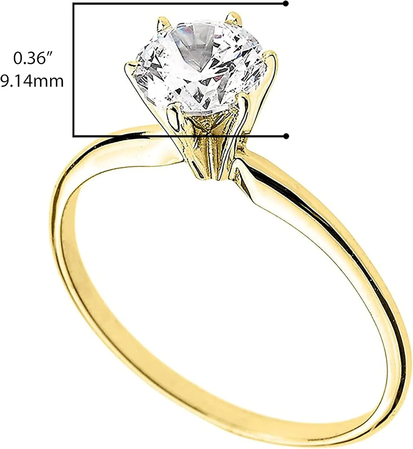 10K Yellow Gold Round Brilliant Cut Cubic Zirconia Solitaire 6 Prong Engagement Ring with Slender Band