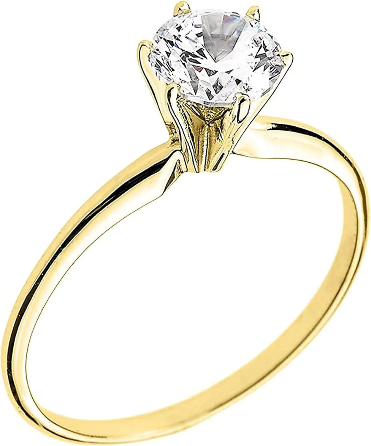 10K Yellow Gold Round Brilliant Cut Cubic Zirconia Solitaire 6 Prong Engagement Ring with Slender Band