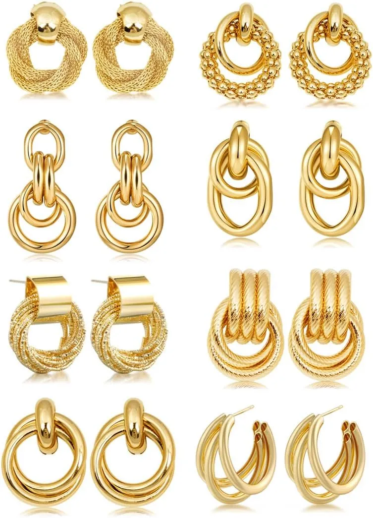 12 Pairs Gold Silver Geometric Earrings Exaggerated Statement Earrings Punk Stylish Sectored Twisted Earring Jewelry for Women (8 Pairs)