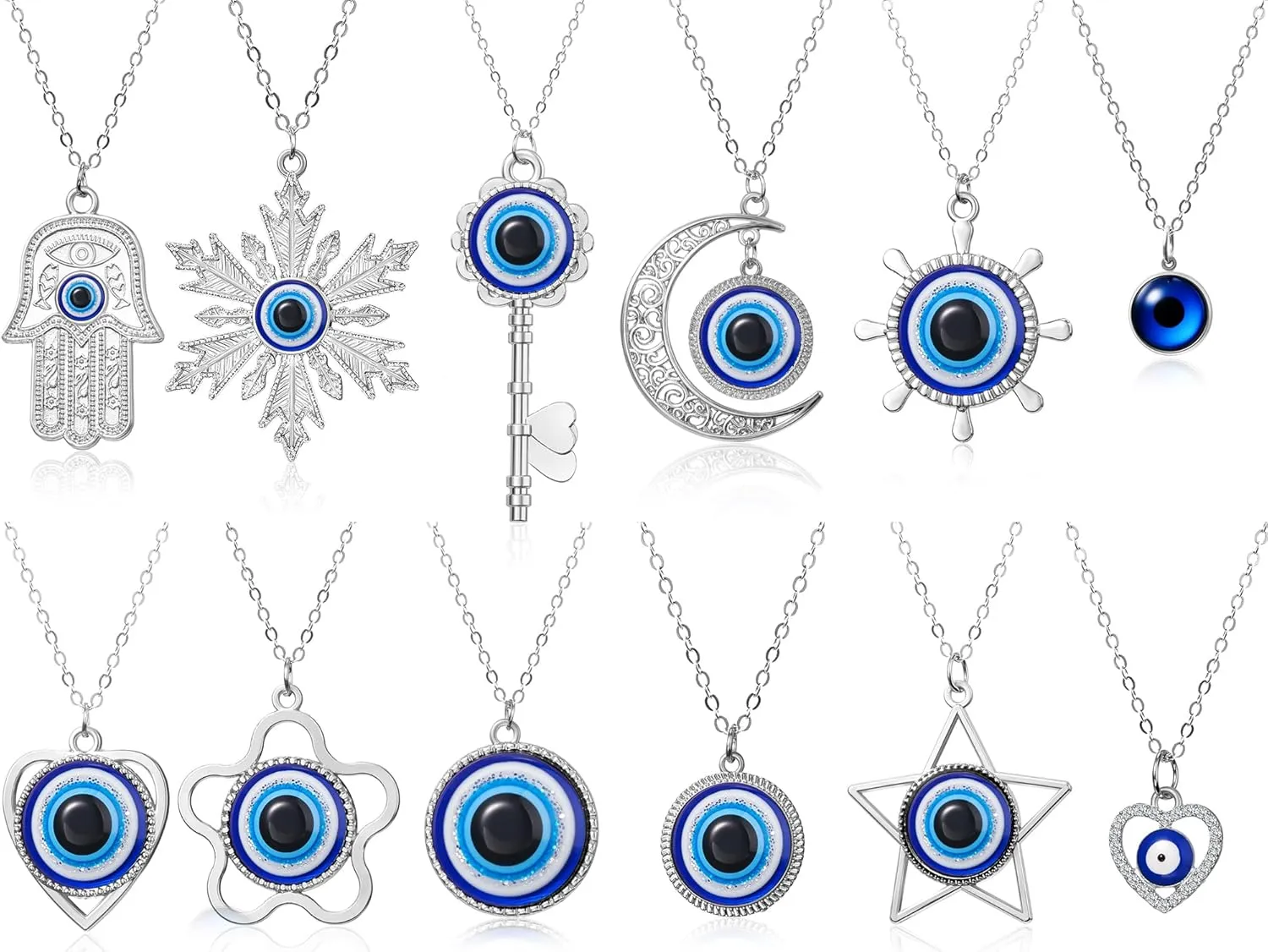 12 Pieces Evil Eye Necklace for Women Men Evil Eye Pendant Ornament Charms Blue Amulet Pendant Necklace Jewelry for Women(Silver)