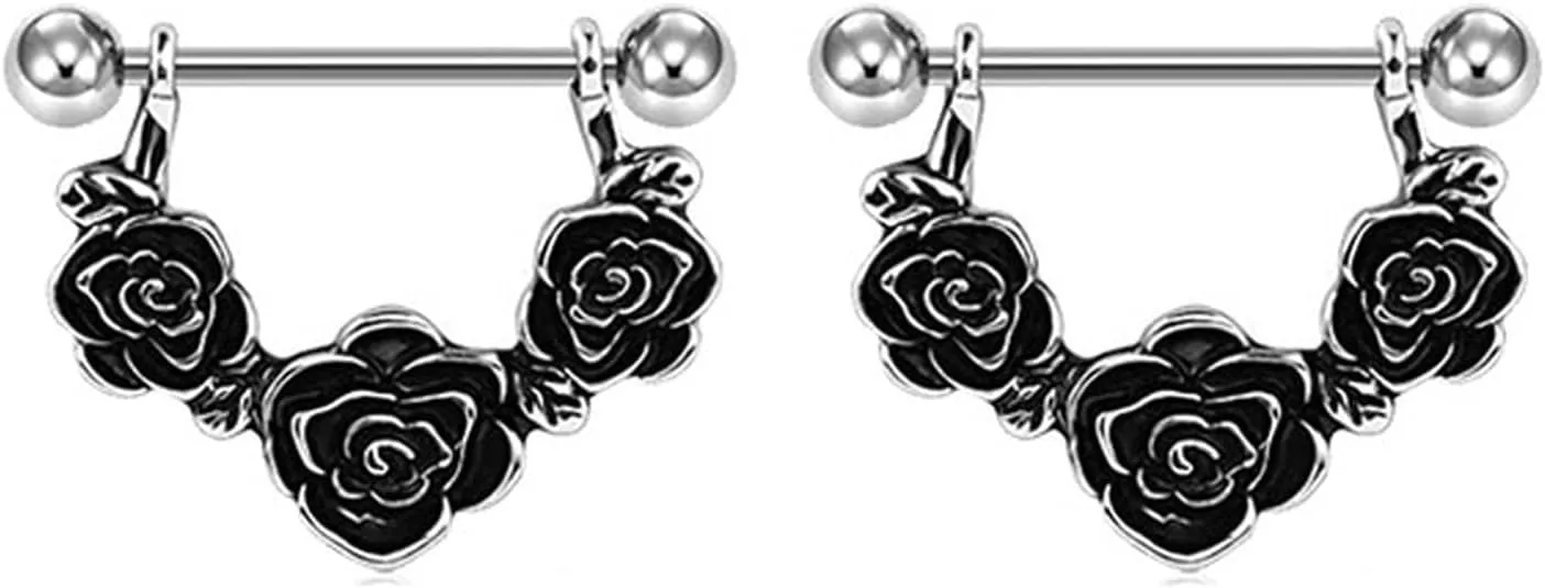 14G Stainless Steel Nipple Rings Balck Rose Straight Barbell Bars Tongue Ring 16mm(5/8Inch) Body Piercing Jewelry