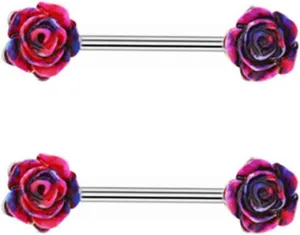 14G Stainless Steel Nipple Rings Colorful Rose Straight Barbell Bars Tongue Ring 16mm(5/8Inch) Body Piercing Jewelry