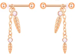 14G Stainless Steel Nipple Rings CZ Chain Leaf Straight Barbell Bars Tongue Ring 16mm(5/8Inch) Body Piercing Jewelry