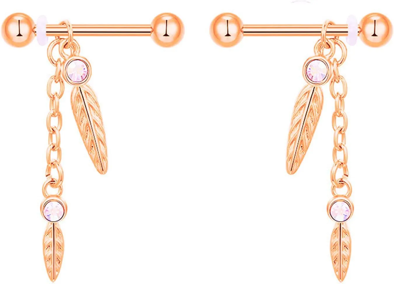 14G Stainless Steel Nipple Rings CZ Chain Leaf Straight Barbell Bars Tongue Ring 16mm(5/8Inch) Body Piercing Jewelry