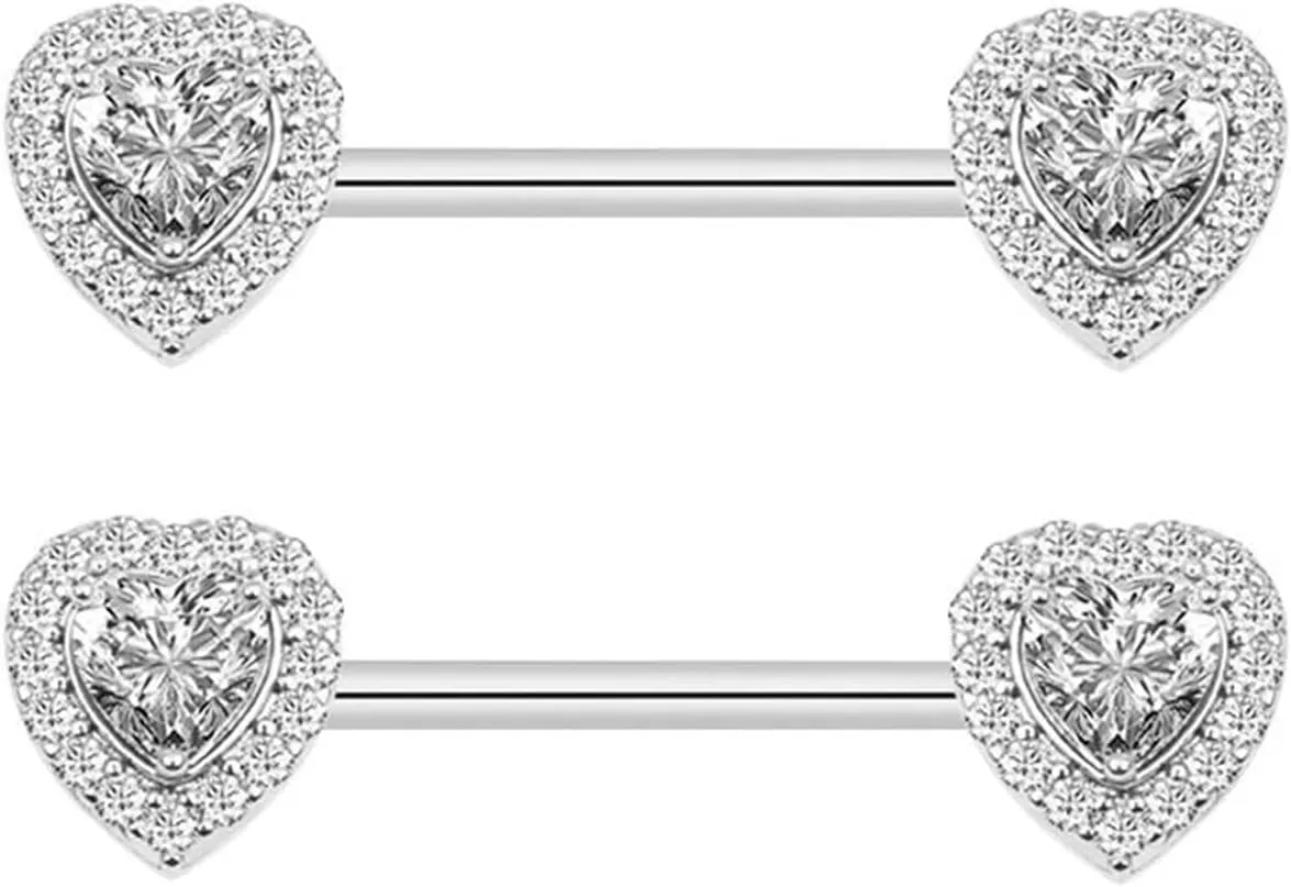 14G Stainless Steel Nipple Rings Glitter CZ Ball Heart Straight Barbell Bars Tongue Ring 16mm(5/8Inch) Body Piercing Jewelry