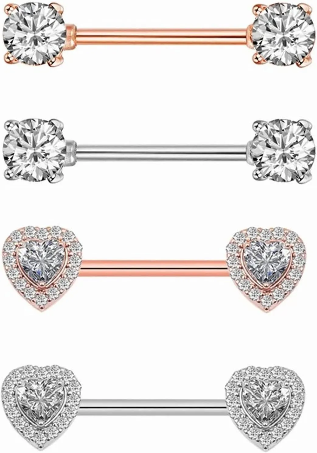 14G Stainless Steel Nipple Rings Glitter CZ Ball Heart Straight Barbell Bars Tongue Ring 16mm(5/8Inch) Body Piercing Jewelry