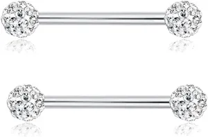 14G Stainless Steel Nipple Rings Glitter CZ Bioplast Balls Straight Barbell Bars Tongue Ring 14mm(9/16Inch) Body Piercing Jewelry