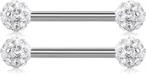 14G Stainless Steel Nipple Rings Glitter CZ Bioplast Balls Straight Barbell Bars Tongue Ring 16mm(5/8Inch) Body Piercing Jewelry