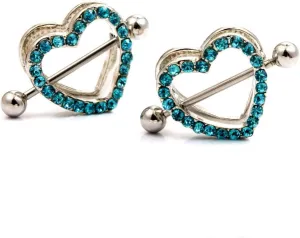 14G Stainless Steel Nipple Rings Glitter CZ Double Hearts Straight Barbell Bars Tongue Ring 14mm(9/16Inch) Body Piercing Jewelry