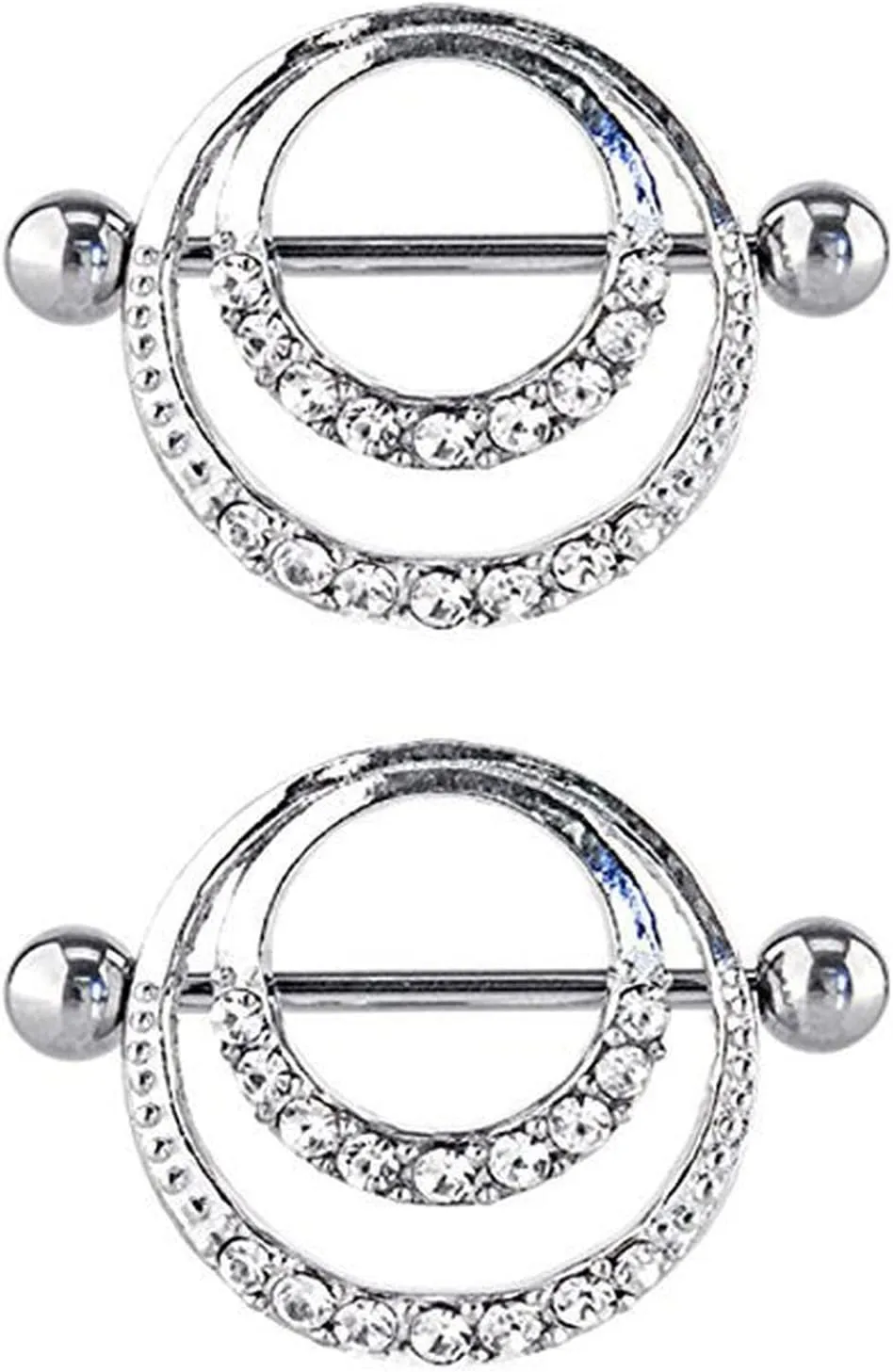 14G Stainless Steel Nipple Rings Glitter CZ Double Round Straight Barbell Bars Tongue Ring 16mm(5/8Inch) Body Piercing Jewelry