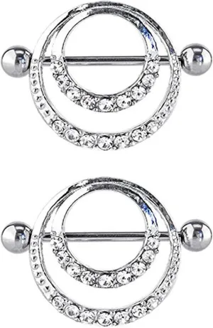 14G Stainless Steel Nipple Rings Glitter CZ Double Round Straight Barbell Bars Tongue Ring 16mm(5/8Inch) Body Piercing Jewelry