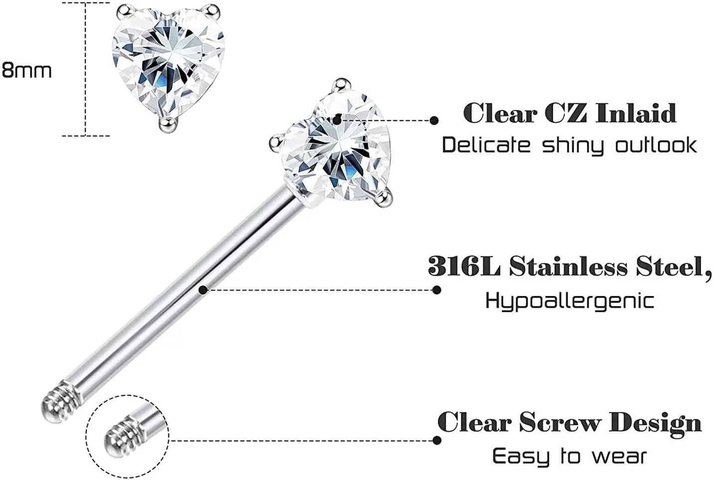 14G Stainless Steel Nipple Rings Glitter CZ Heart Straight Barbell Bars Tongue Ring 14mm(9/16Inch) Body Piercing Jewelry