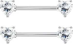 14G Stainless Steel Nipple Rings Glitter CZ Heart Straight Barbell Bars Tongue Ring 14mm(9/16Inch) Body Piercing Jewelry