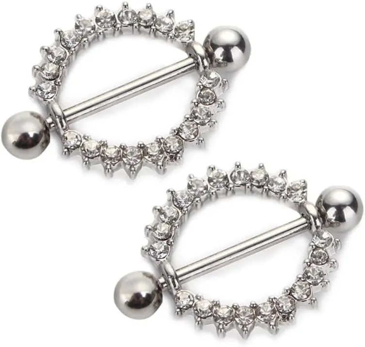 14G Stainless Steel Nipple Rings Glitter CZ Round Sun Straight Barbell Bars Tongue Ring 16mm(5/8Inch) Body Piercing Jewelry