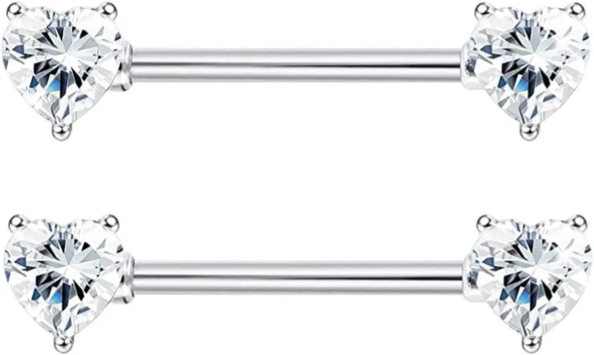 14G Stainless Steel Nipple Rings Glitter CZ Silver Heart Balls Straight Barbell Bars Tongue Ring 14mm(9/16Inch) Body Piercing Jewelry