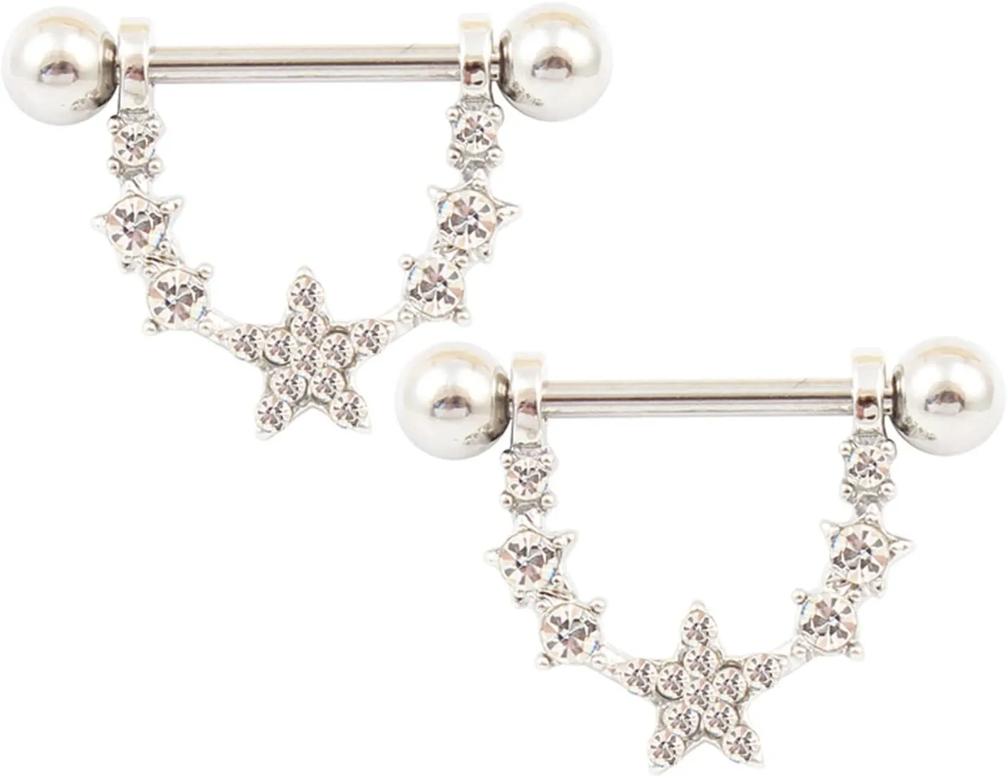 14G Stainless Steel Nipple Rings Glitter CZ Stars Straight Barbell Bars Tongue Ring 12mm(1/2Inch) Body Piercing Jewelry
