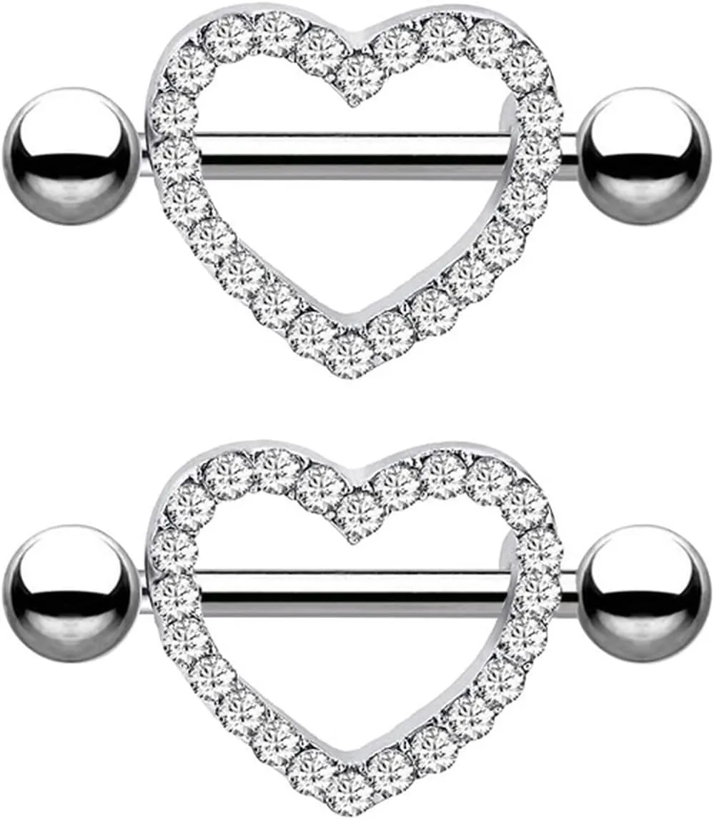 14G Stainless Steel Nipple Rings Glitter White CZ Heart Straight Barbell Bars Tongue Ring 16mm(5/8Inch) Body Piercing Jewelry