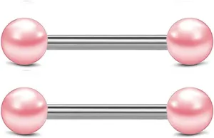 14G Stainless Steel Nipple Rings Solid Pearl Balls Straight Barbell Bars Tongue Ring Body Piercing Jewelry