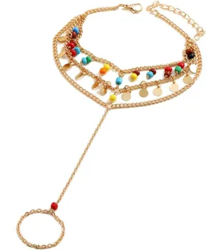 14K Gold Bohemian Millet Bead Beaded Beach Anklet Metal Sheet Fringed Chain Multi-Layer Colored Rice Bead Floral Gravel Link Anklets for Women