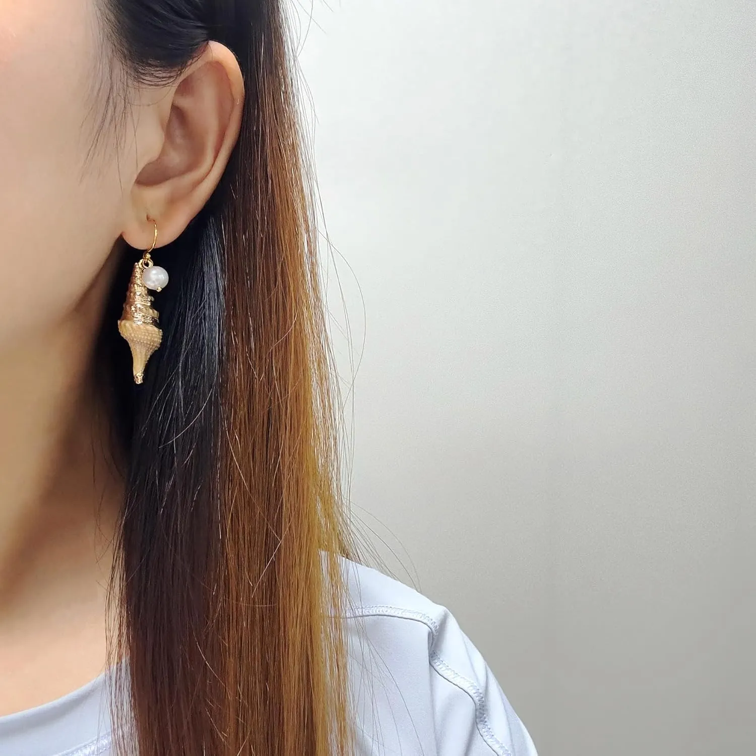 14K Gold Boho Beach Jewelry Ocean Seashell Conch Dangling Earrings for Women, Sterling Silver Hooks