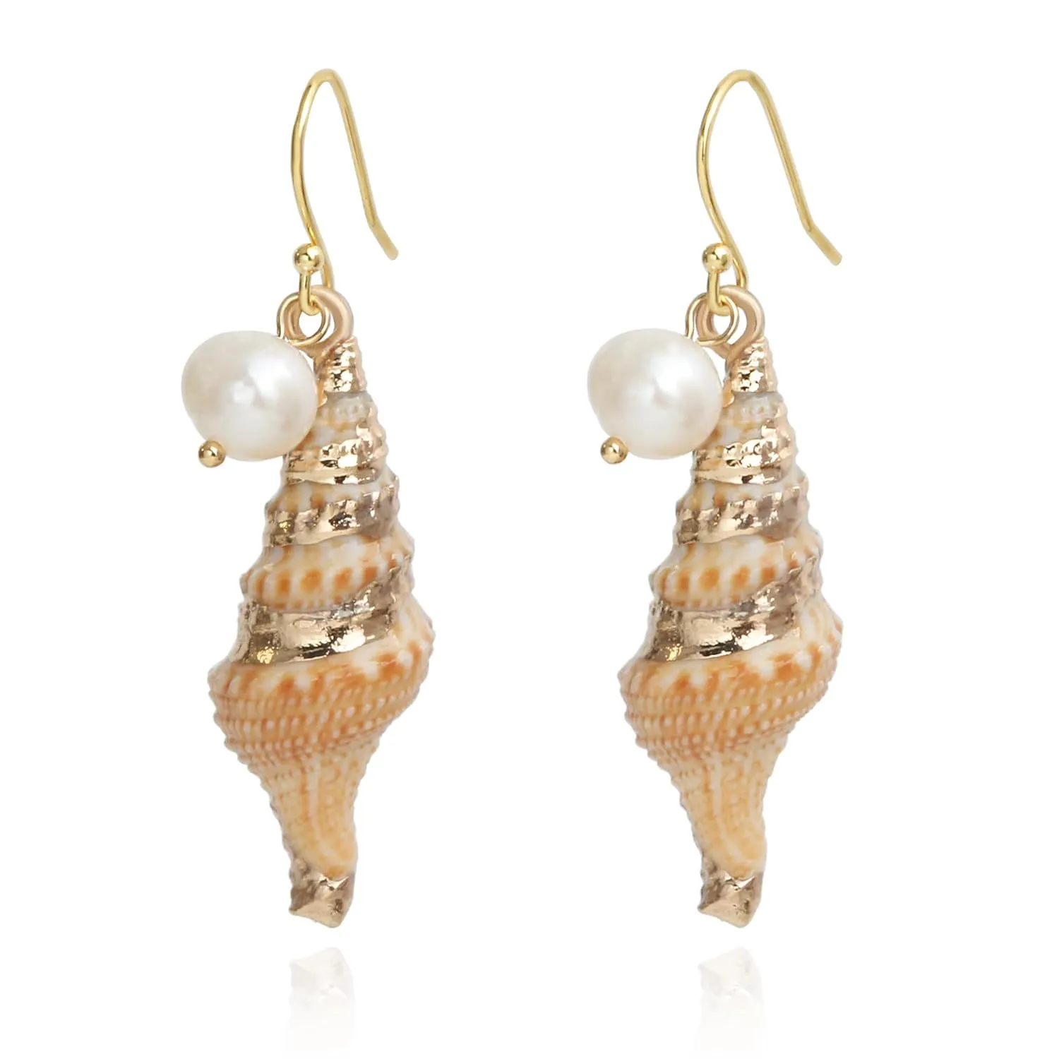 14K Gold Boho Beach Jewelry Ocean Seashell Conch Dangling Earrings for Women, Sterling Silver Hooks