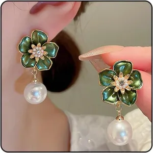 14K Gold Flower Pearl Drop Earrings for Women, Green Enamel Cluster Pearls Floral Dangle Earrings Trendy Round Pearl Flower Statement Ear Jewelry