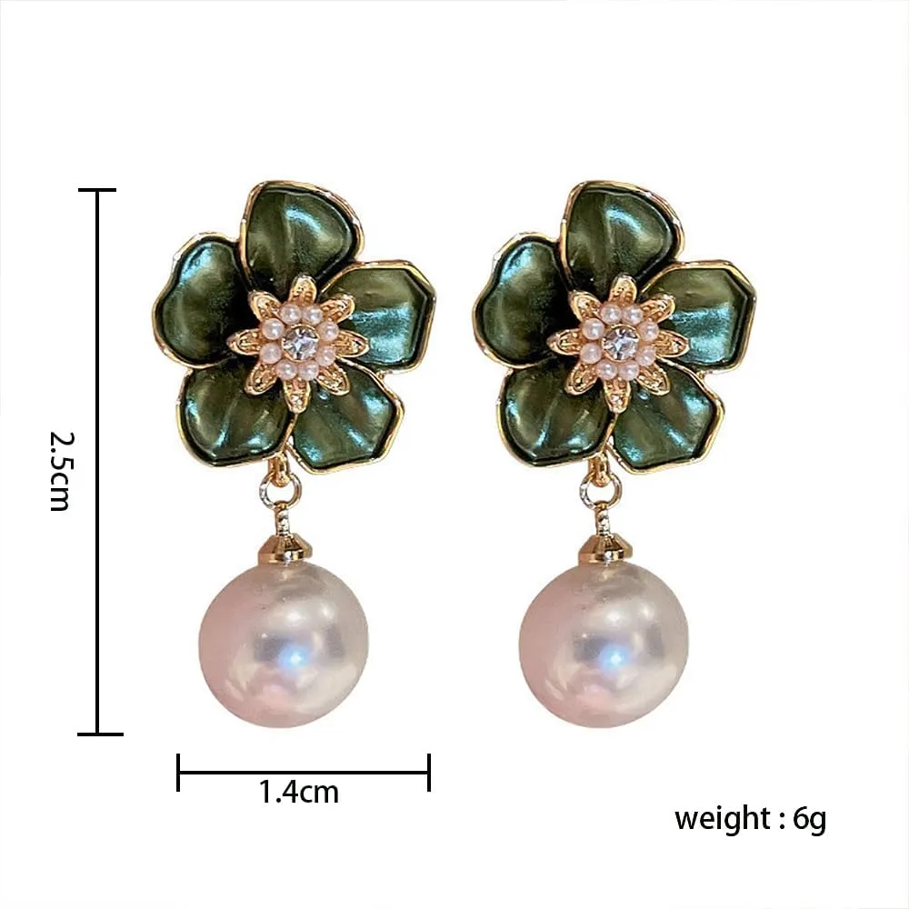 14K Gold Flower Pearl Drop Earrings for Women, Green Enamel Cluster Pearls Floral Dangle Earrings Trendy Round Pearl Flower Statement Ear Jewelry