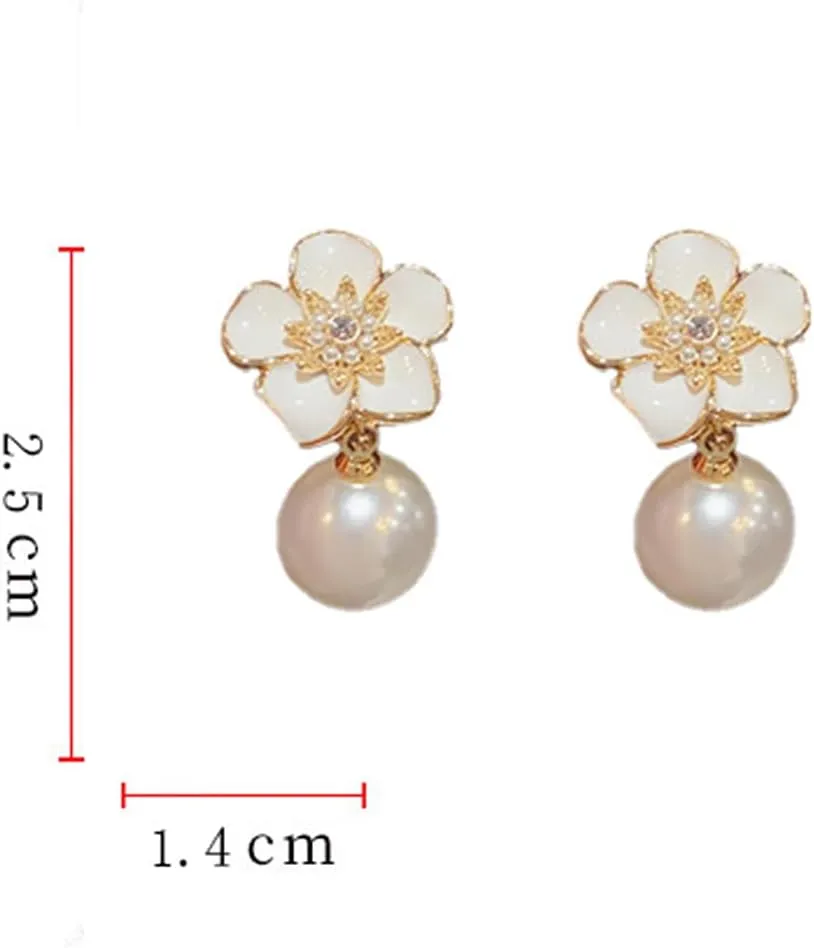 14K Gold Flower Pearl Drop Earrings for Women, Green Enamel Cluster Pearls Floral Dangle Earrings Trendy Round Pearl Flower Statement Ear Jewelry