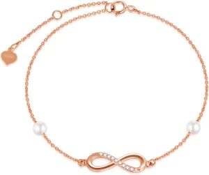 14k Gold Natural Diamond Infinity Anklets for Women, Real Gold Pearl Jewelry Ankle Bracelet Gifts for Her, 9.4-11 Inch