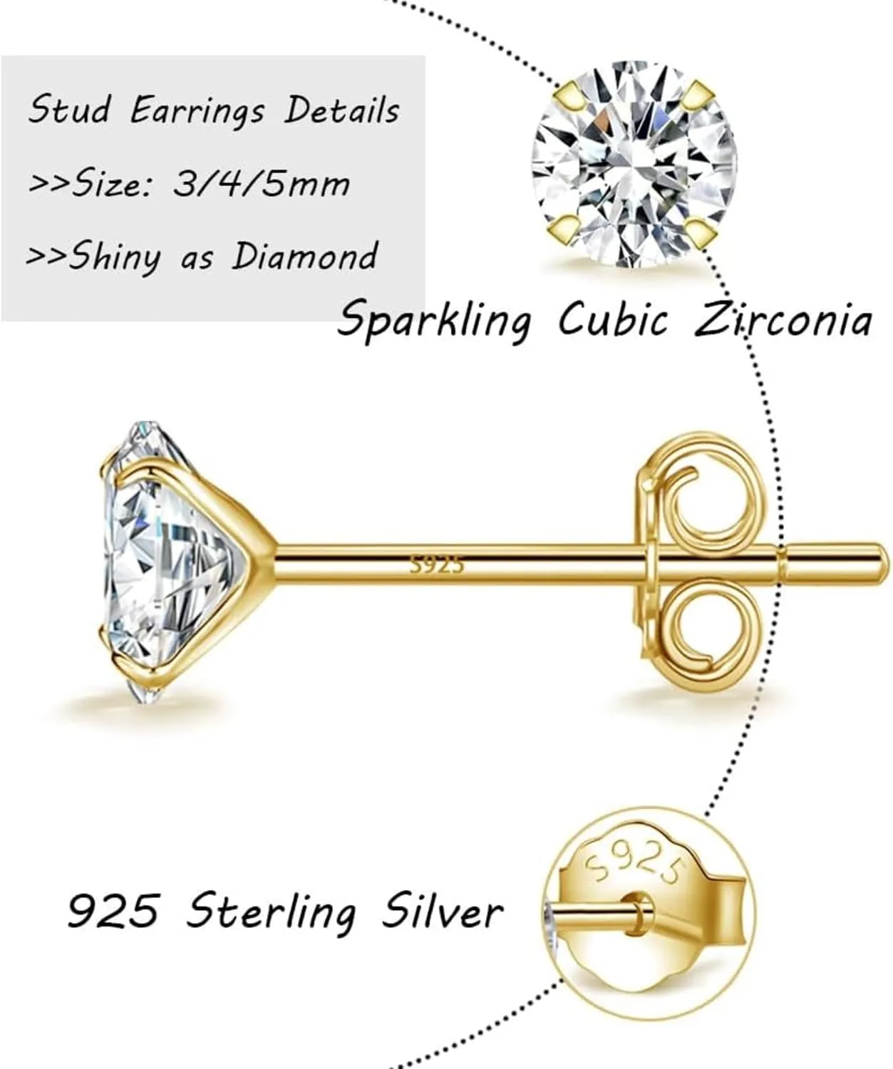 14K Gold-Plated S925 Sterling Silver Stud Earrings with Single CZ Stone - Mini Round Four-Prong Design, Versatile Everyday Jewelry for Women and Men