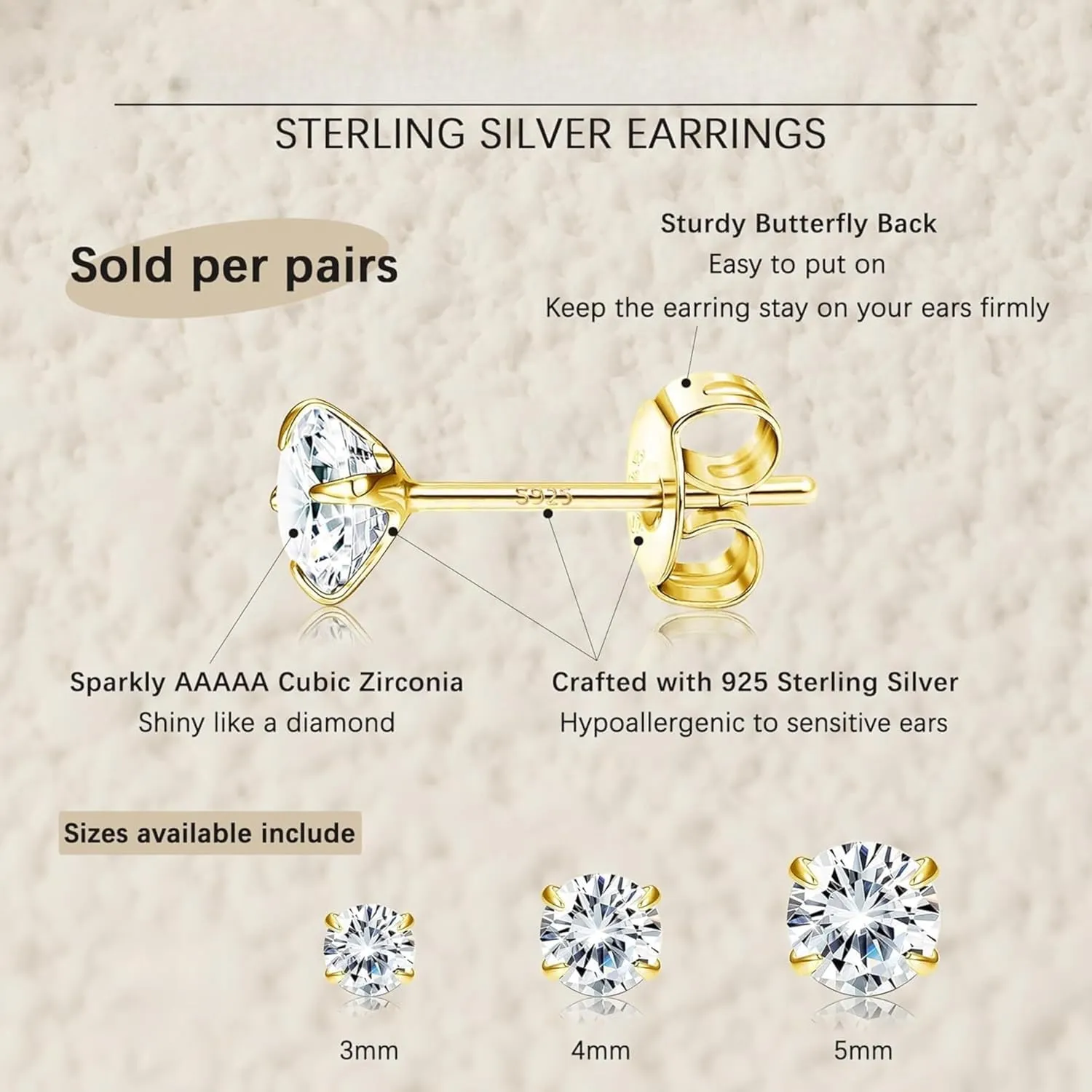 14K Gold-Plated S925 Sterling Silver Stud Earrings with Single CZ Stone - Mini Round Four-Prong Design, Versatile Everyday Jewelry for Women and Men