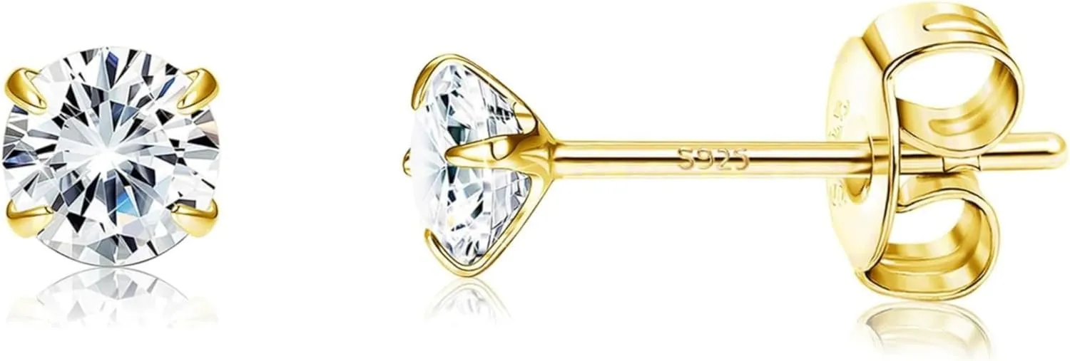 14K Gold-Plated S925 Sterling Silver Stud Earrings with Single CZ Stone - Mini Round Four-Prong Design, Versatile Everyday Jewelry for Women and Men