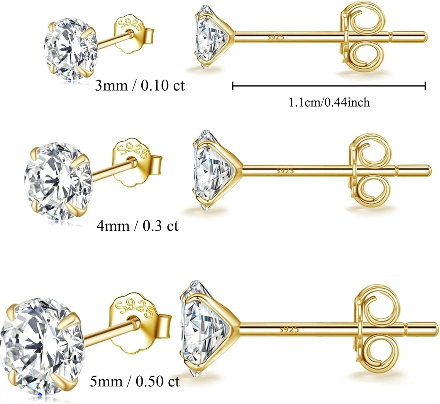 14K Gold-Plated S925 Sterling Silver Stud Earrings with Single CZ Stone - Mini Round Four-Prong Design, Versatile Everyday Jewelry for Women and Men
