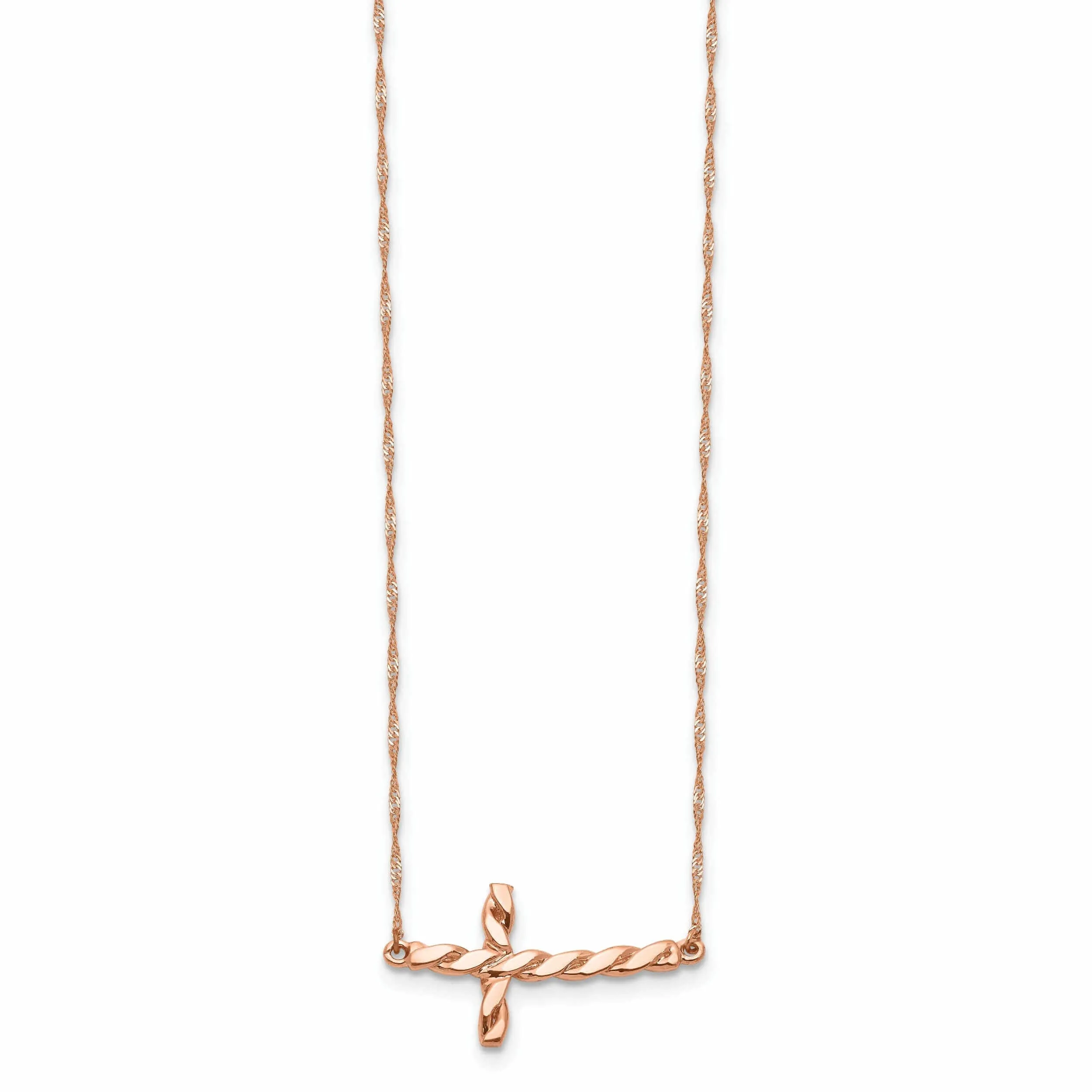 14k Rose Gold Polished Finish Solid Twisted Sideways Cross Pendant Design in a 17-Inch Rope Chain Necklace Set