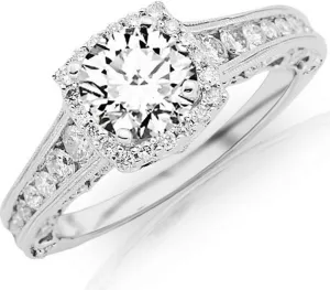 14K White Gold 1.6 CTW Round Cut Designer Vintage Halo Style Channel Set Round Brilliant Diamond Engagement Ring Milgrain, J Color VS1-VS2 Clarity, 0.85 Ct Center