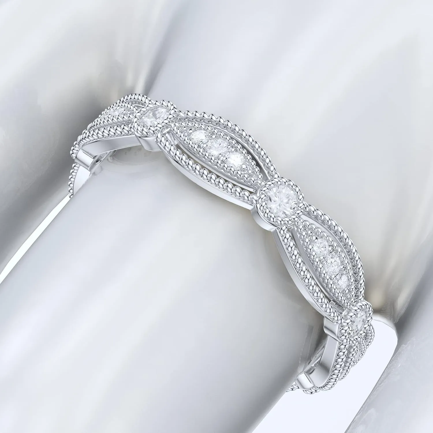 14k White Gold Fancy Marquise Shape Milgrain Simulated Round Brilliant Diamond or Genuine Moissanite Ring Wedding Band