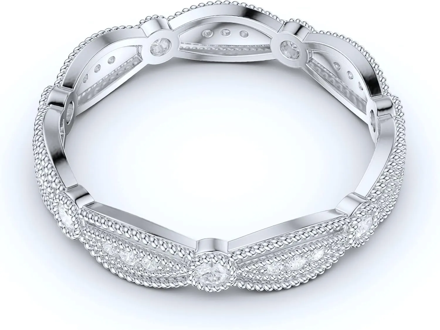 14k White Gold Fancy Marquise Shape Milgrain Simulated Round Brilliant Diamond or Genuine Moissanite Ring Wedding Band