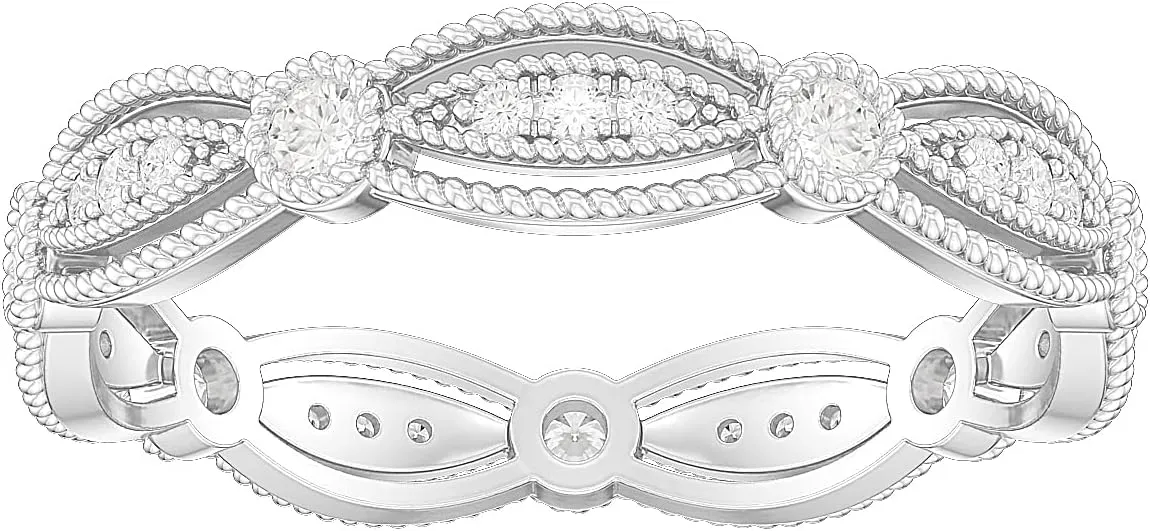 14k White Gold Fancy Marquise Shape Milgrain Simulated Round Brilliant Diamond or Genuine Moissanite Ring Wedding Band