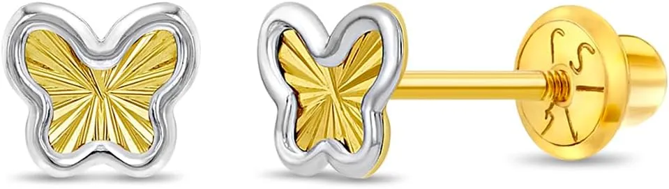 14k Yellow and White Gold Two-tone Butterfly Screw Back Earrings for Young Girls - Beautiful & Stylish Butterfly Children Screw Back Stud Earrings for Toddlers to Preteens