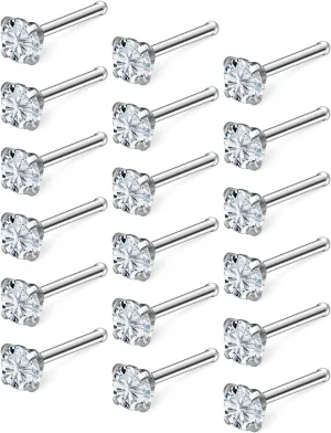 18G 20G 22G Nose Rings Studs with Cubic Zirconia 316L Surgical Steel Straight Screw L Shaped Nose Studs Piercing Jewelry for Women Men Girl CZ 1.5mm 2mm 2.5mm 3mm 20Pcs