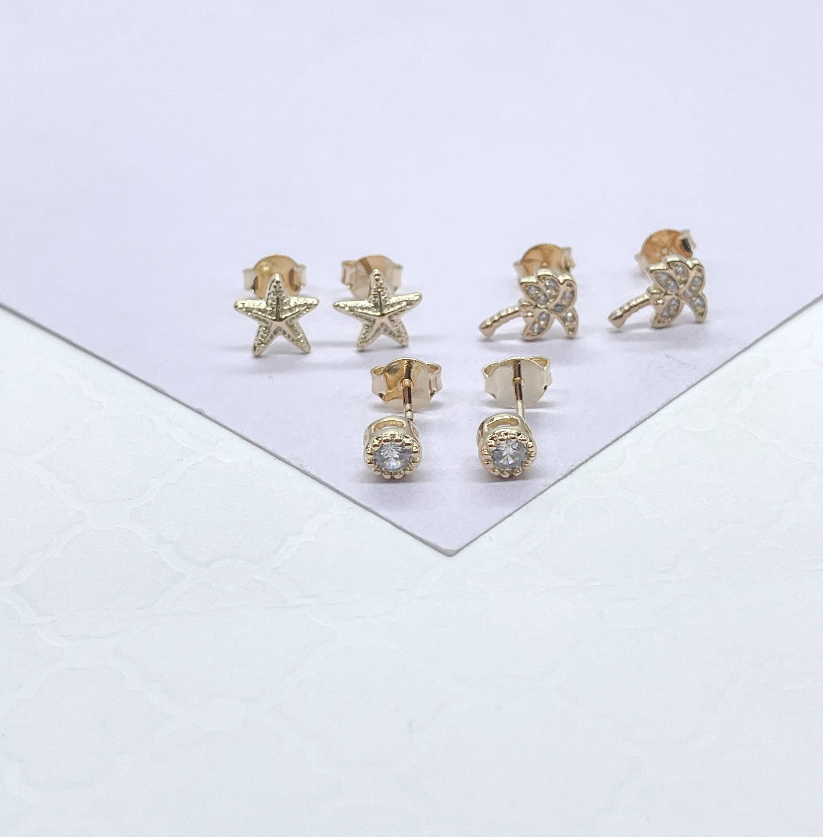 18k Gold Filled Set of 3 Beach Style Dainty Stud Earrings, Beach Jewlery, Dainty Studs, Conch Jewlery, Sea Shell Jewlery