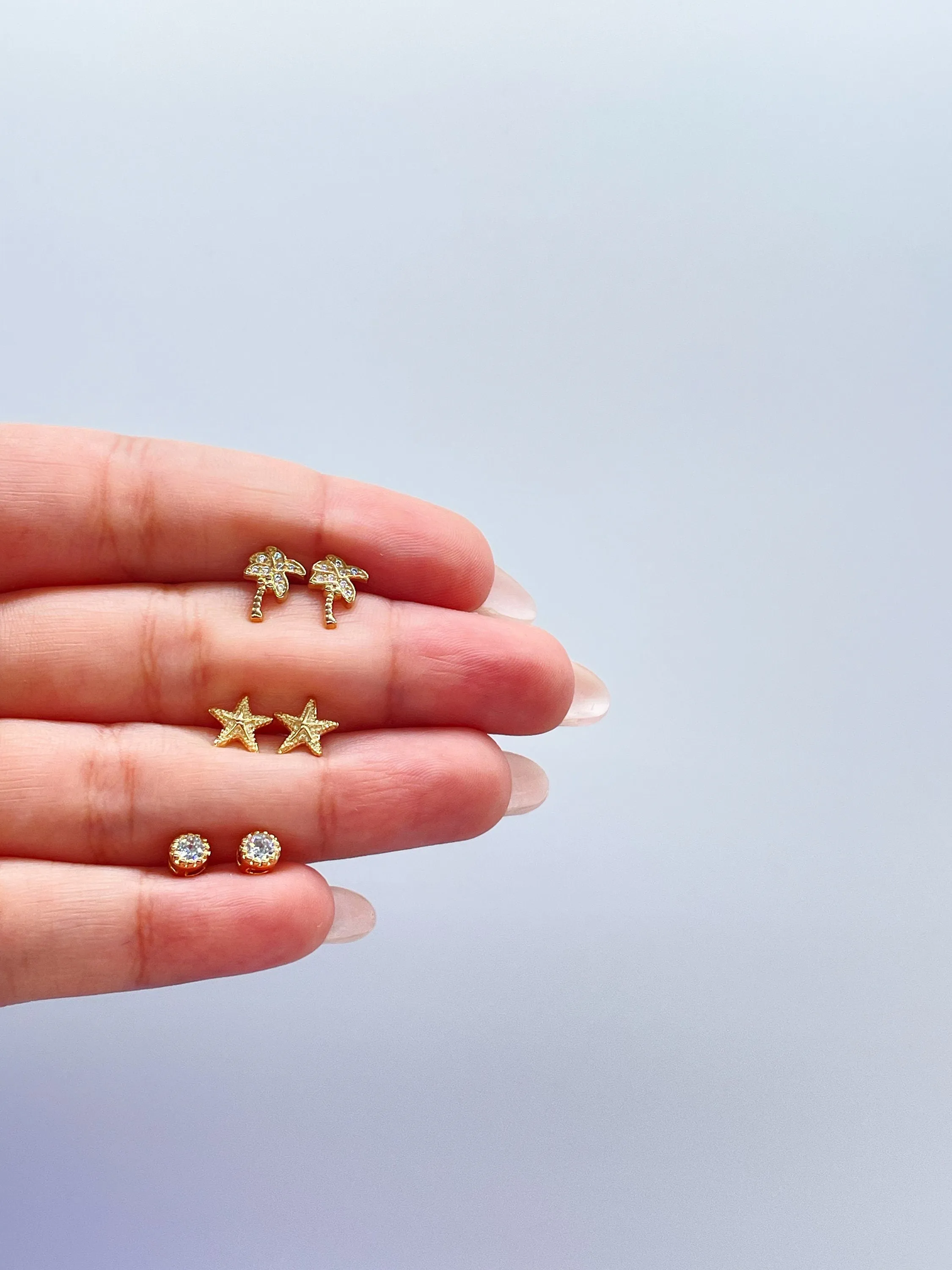 18k Gold Filled Set of 3 Beach Style Dainty Stud Earrings, Beach Jewlery, Dainty Studs, Conch Jewlery, Sea Shell Jewlery