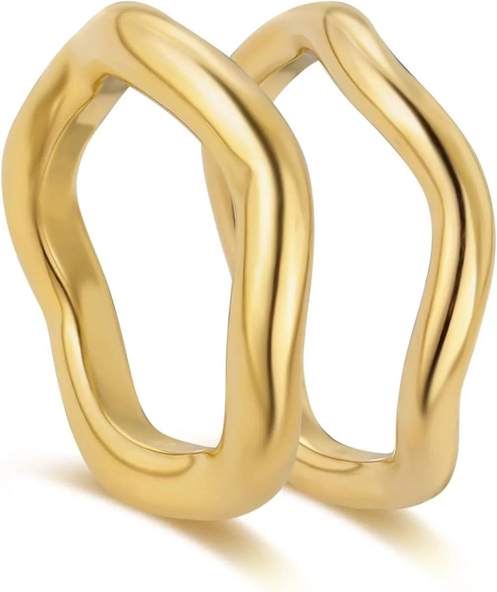 18K Gold Plated Stackable Rings Set for Women - Waterproof & Non Tarnish 2 Wave Latered Chunky Rings - Water Resistant Never Fades Everyday Thumb Rings for Women