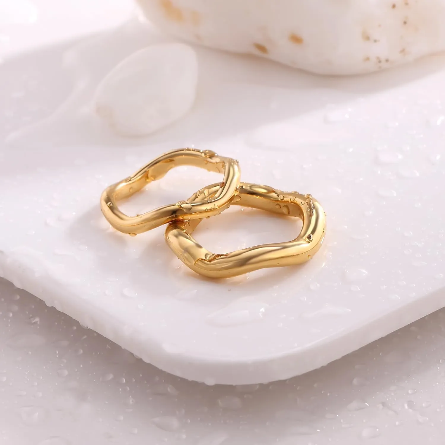 18K Gold Plated Stackable Rings Set for Women - Waterproof & Non Tarnish 2 Wave Latered Chunky Rings - Water Resistant Never Fades Everyday Thumb Rings for Women