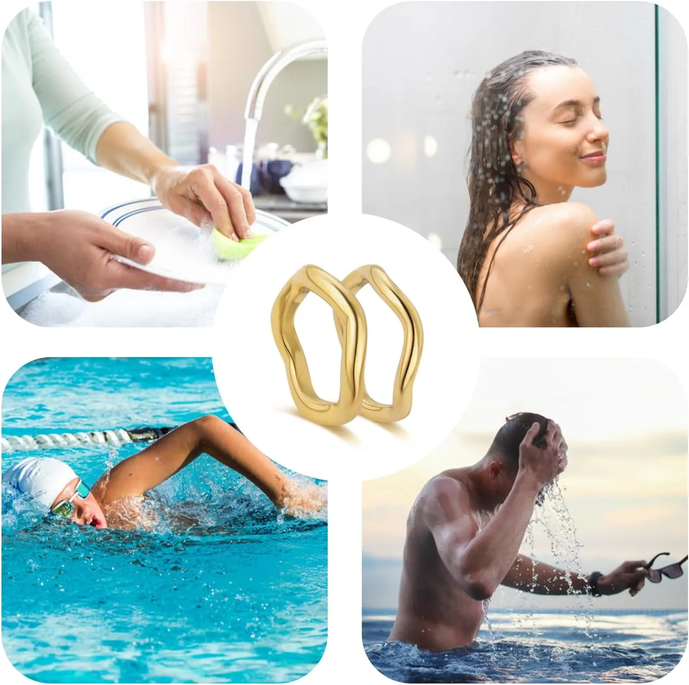 18K Gold Plated Stackable Rings Set for Women - Waterproof & Non Tarnish 2 Wave Latered Chunky Rings - Water Resistant Never Fades Everyday Thumb Rings for Women