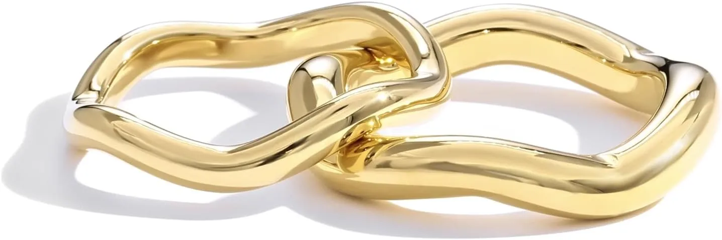 18K Gold Plated Stackable Rings Set for Women - Waterproof & Non Tarnish 2 Wave Latered Chunky Rings - Water Resistant Never Fades Everyday Thumb Rings for Women