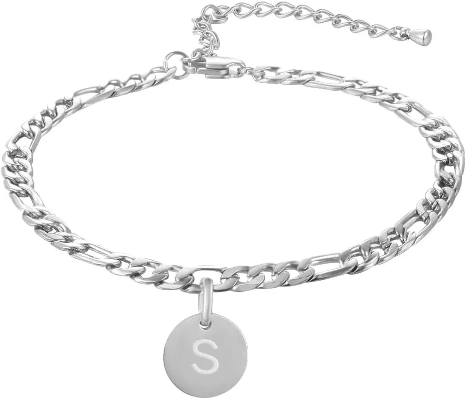 18k Gold Plated/Silver Tone Initial Anklets for Women, Surgical Stainless Steel Ankle Bracelets for Women Figaro Chain Anklet Beach Jewelry, Waterproof