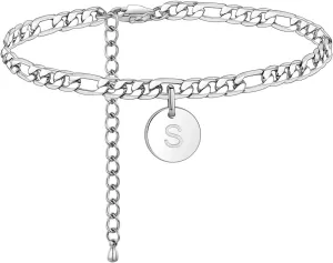 18k Gold Plated/Silver Tone Initial Anklets for Women, Surgical Stainless Steel Ankle Bracelets for Women Figaro Chain Anklet Beach Jewelry, Waterproof